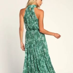 Float to You Green Floral Print Halter Tiered Midi Dress